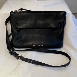 VINCE CAMUTO - Black Leather Cross Body Bag with Zipper Pockets